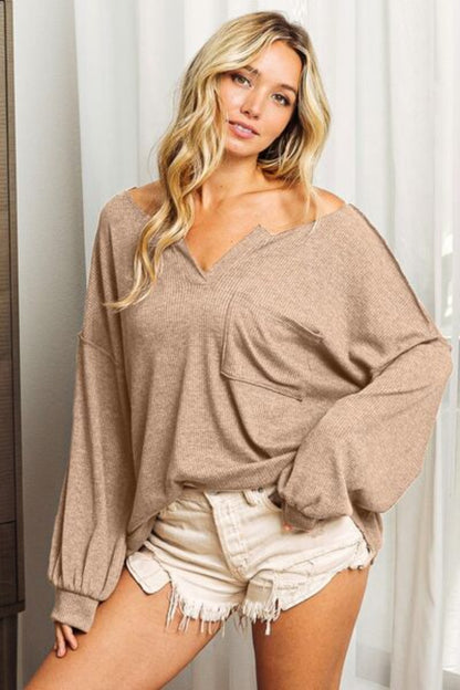 Women Exposed Seam Long Sleeve Top Blouse-Taupe | Nowena