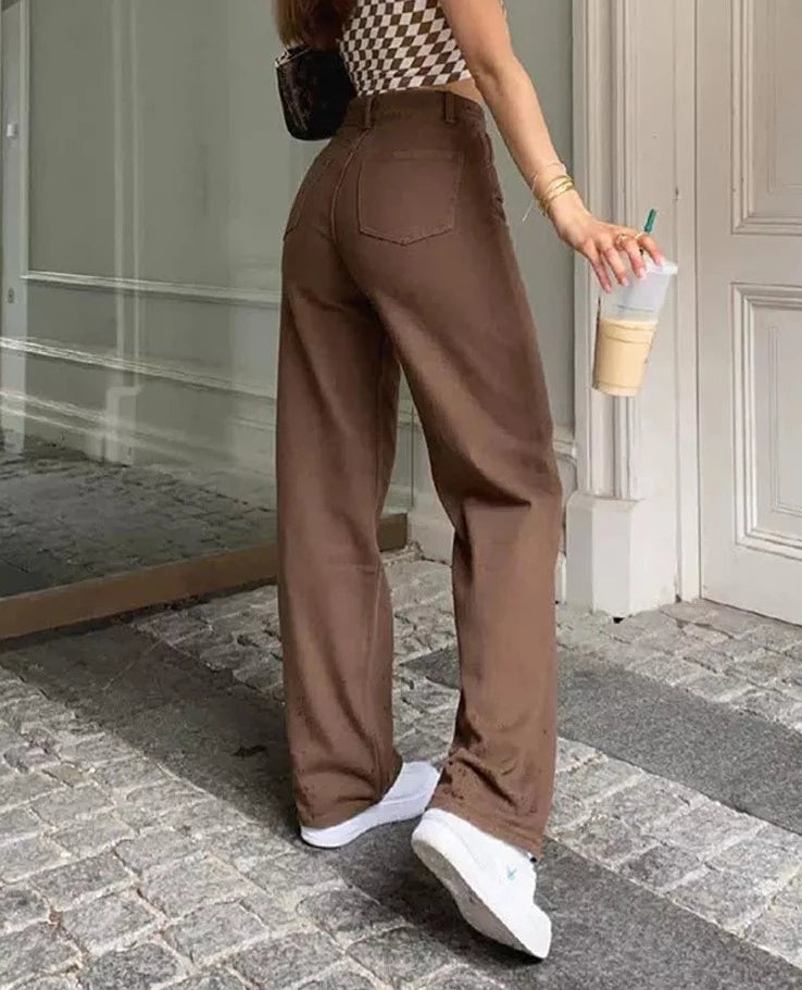 Women’s Casual Straight Brown Jeans Retro Solid Color Pants