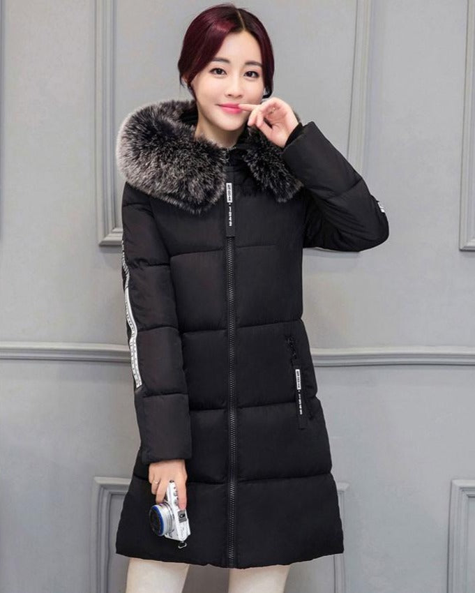 Women's Thick Padded Cotton Long Down Fur Collar Hoodie Winter Coat | Nowena