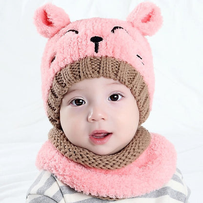 Kids Cute Warm Wool Knitted Cute Bear Scarf and Hat - Nowena