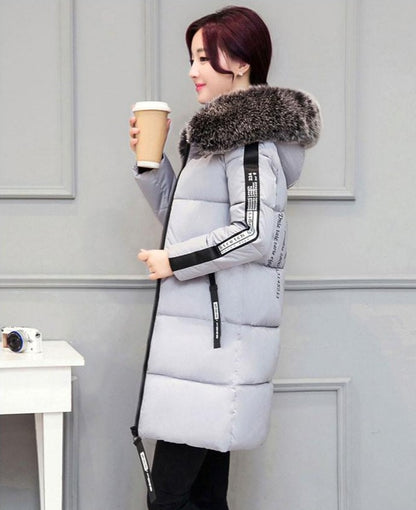 Women's Thick Padded Cotton Long Down Fur Collar Hoodie Winter Coat | Nowena