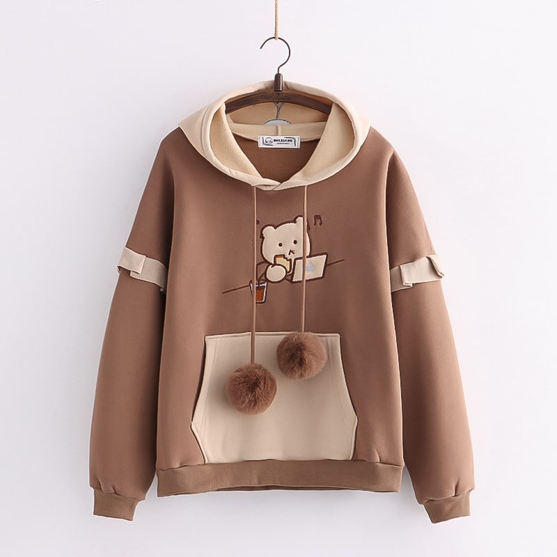 Long sleeve loose womens hooded sweater bear embroidery | Nowena