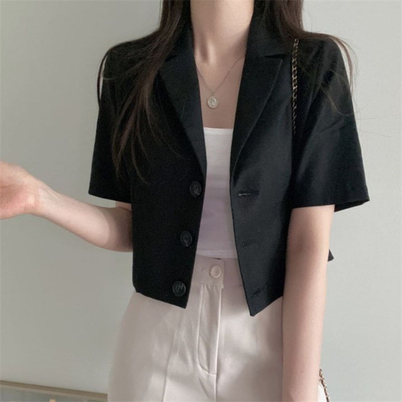 Short sleeved cotton linen suit black blazer for women | Nowena