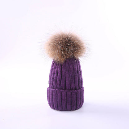 Unisex Kids Autumn and Winter Furry Ball Knitted Children's Wool Hat - Nowena