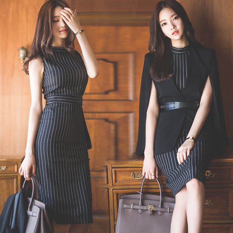 Women's Business Casual Stripe Office Sleeveless Dress With Cloak Suit | Nowena