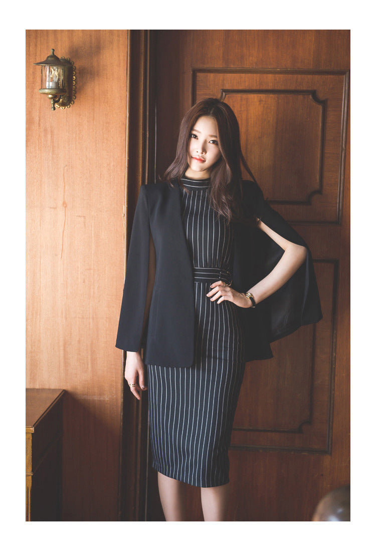 Women's Business Casual Stripe Office Sleeveless Dress With Cloak Suit | Nowena