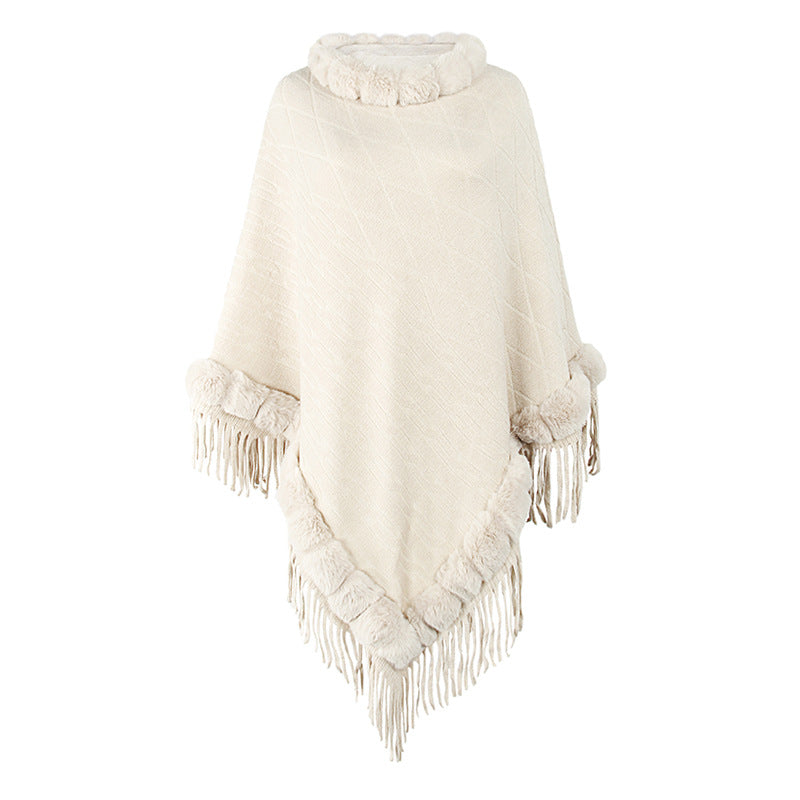 Women's Pure Color Knitted Cape Shawl With Fur Collar Nowena