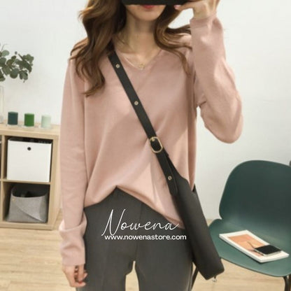 Women's loose slimming V-neck solid color long-sleeved blouse Nowena