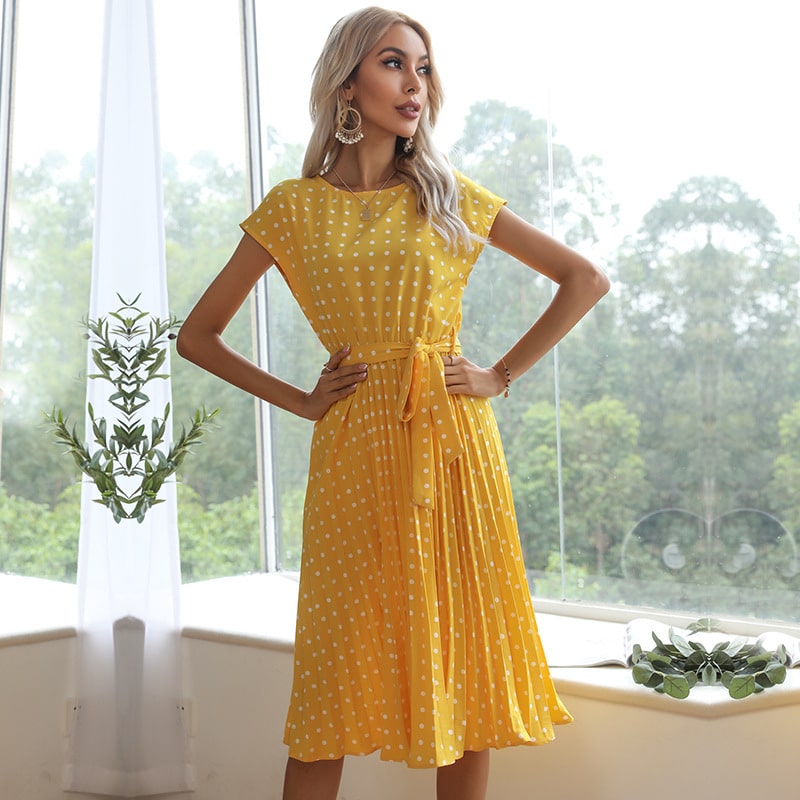 Women's Casual Polka Dot Pleated Dress Yellow Nowena