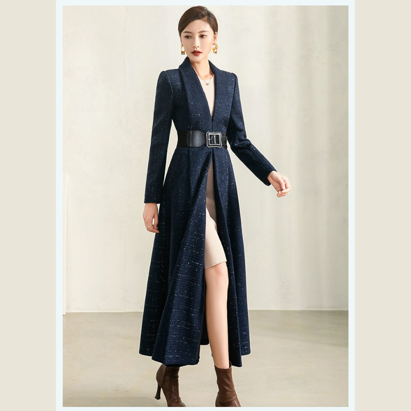 Women's Fashion Medium Long Red and Blue Plaid Coat Nowena