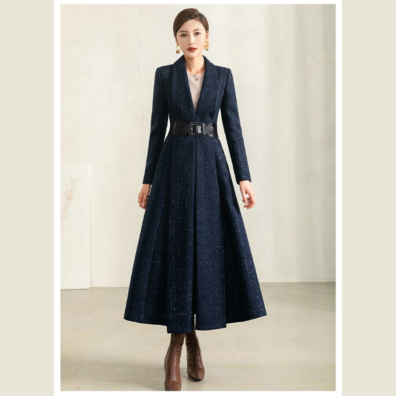 Women's Fashion Medium Long Red and Blue Plaid Coat Nowena