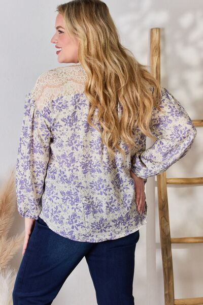 Plus Size Lace Detail Printed Blouse-Lilac | Nowena