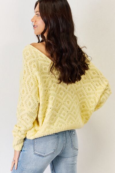Women V-Neck Patterned Long Sleeve Sweater - Yellow | Nowena