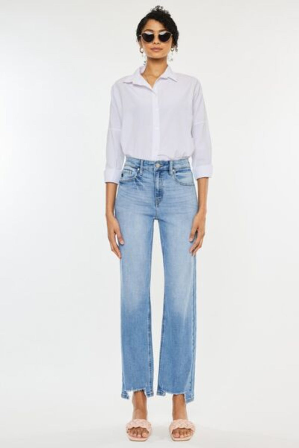 Plus Size High Waist Raw Hem Straight Jeans- Washed Blue | Nowena