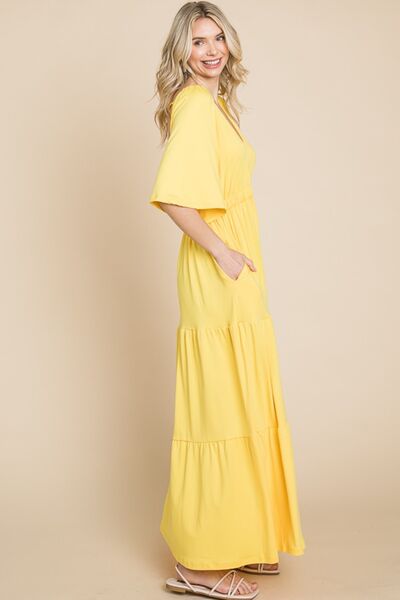 Women Backless Plunge Half Sleeve Tiered Dress-Lemonade | Nowena