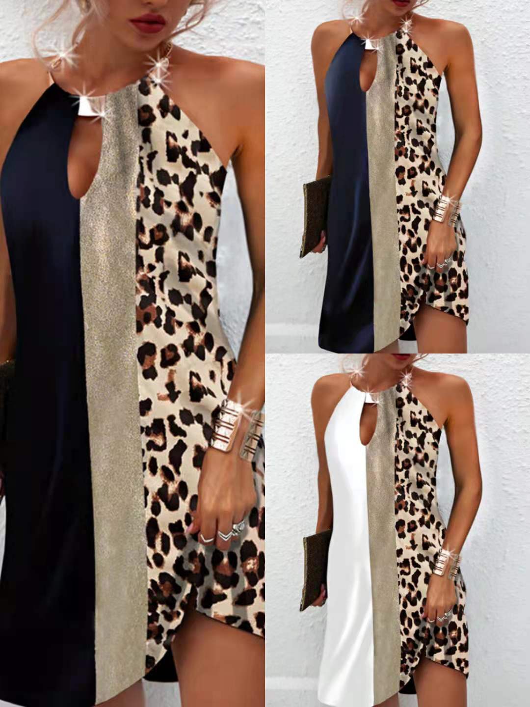 Leopard Print Sleeveless Backless Metal Halter Dress