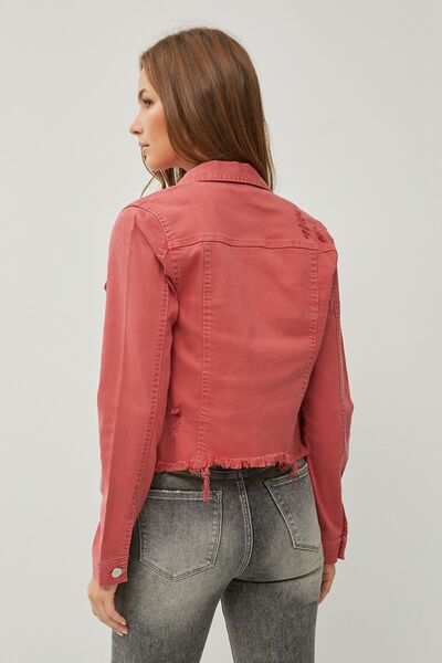Raw Hem Button Up Cropped Denim Jacket - Red | Nowena