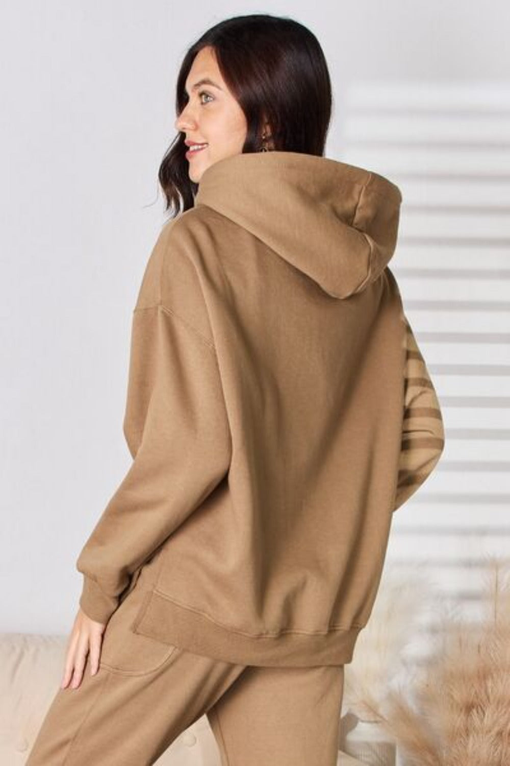 Drawstring Drop Shoulder Long Sleeve Hoodie Sweater-Mocha | Nowena