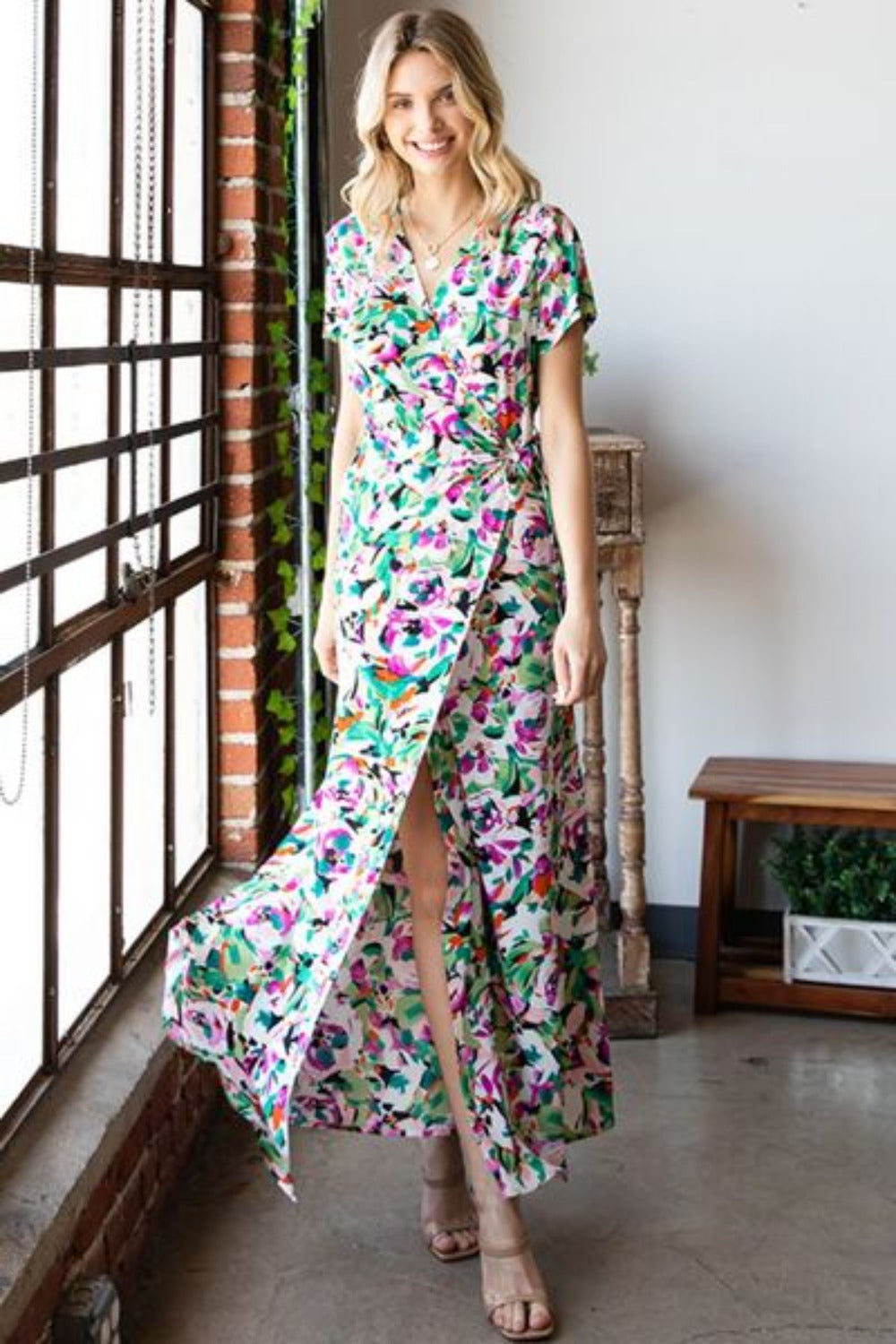 Slit Printed Surplice Tie Waist Short Sleeve Dress-Multi | Nowena