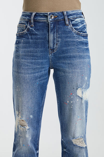 Plus Size High Waist Distressed Paint Splatter Pattern Jeans | Nowena