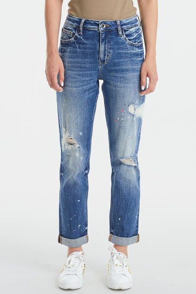 Plus Size High Waist Distressed Paint Splatter Pattern Jeans | Nowena