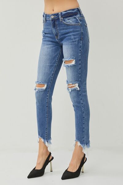 High Waist  Frayed Hem Slim Ripped Jeans - Dark Balue  | Nowena
