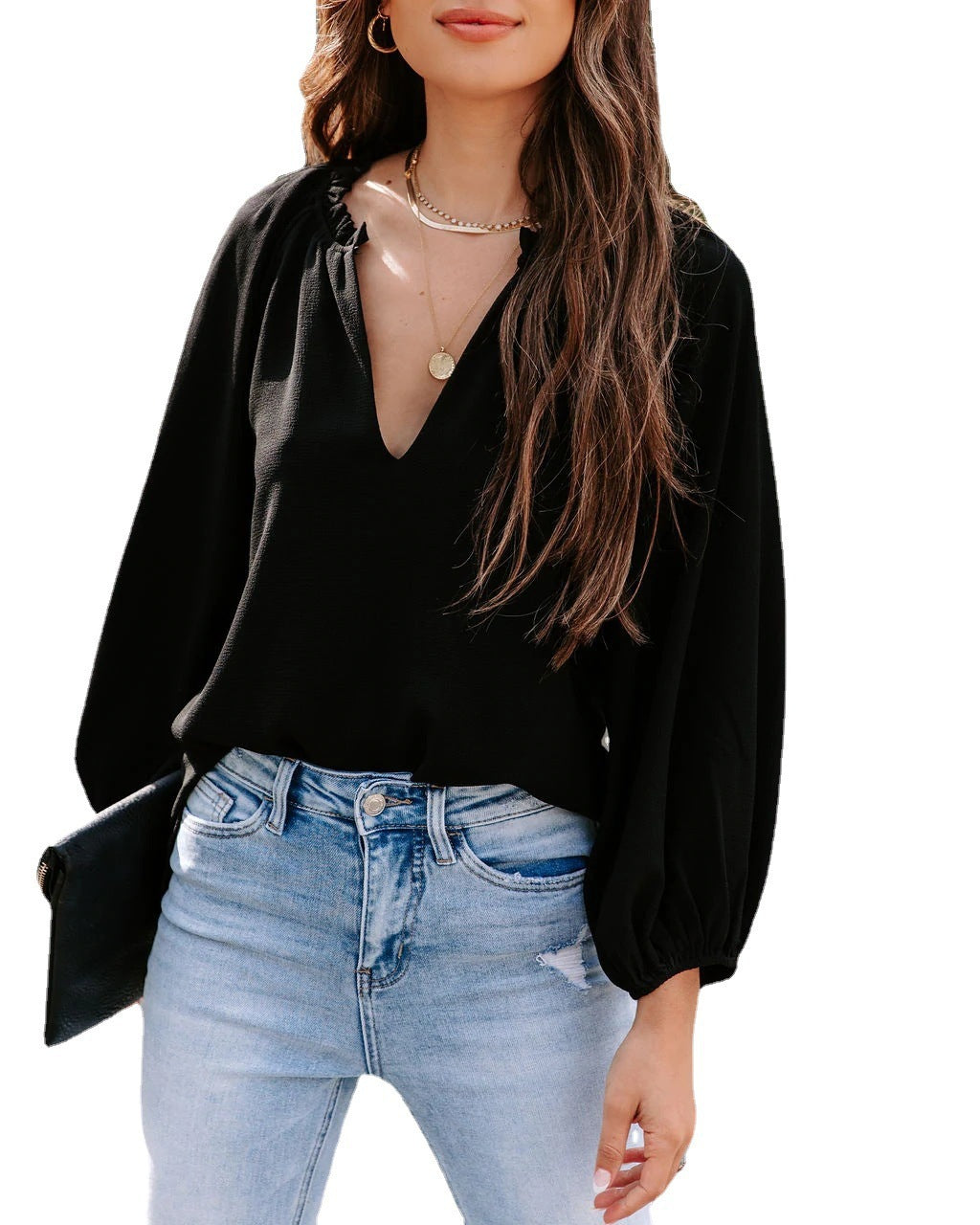 Women's Cool Long-sleeved Shirt Solid Color Comfortable Casual V-neck Loose Top
