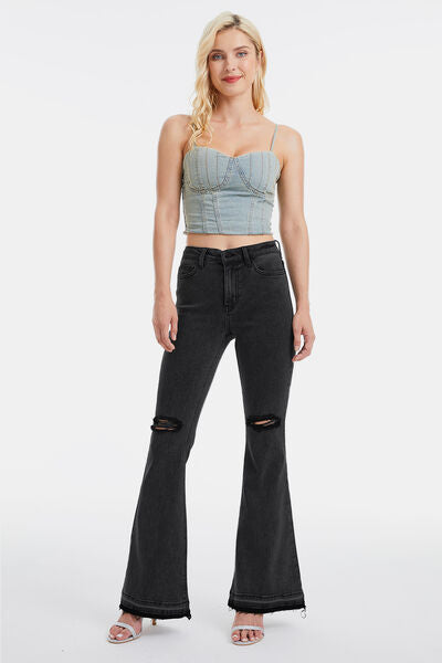 Plus Size High Waist Distressed Raw Hem Flare Jeans - Black |Nowena