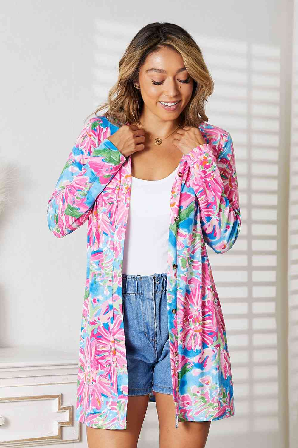 Women's Long Button Solid Casual Long Sleeved Open Front Cardigan -Floral