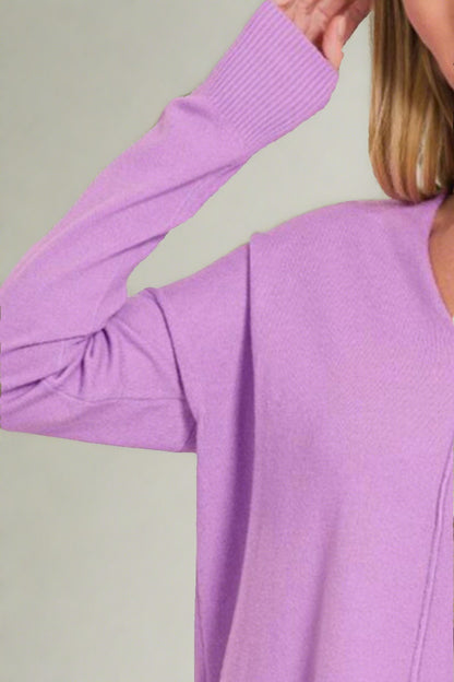 Slit V-Neck Dropped Shoulder Sleeve Pullover Knit Sweater | Nowena