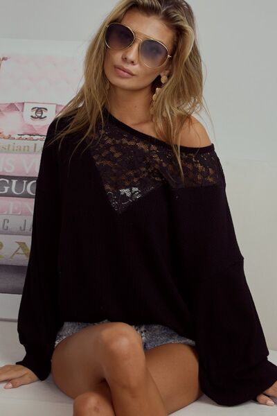 Lace Detail Ribbed Long Sleeve Blouse Top-Black | Nowena