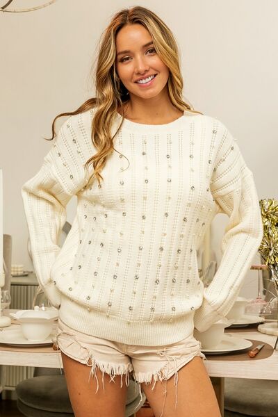 Pearl & Rhinestone Decor Long Sleeve Sweater | Nowena