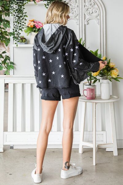 Star Embroidered Hooded Denim Jacket-Black | Nowena