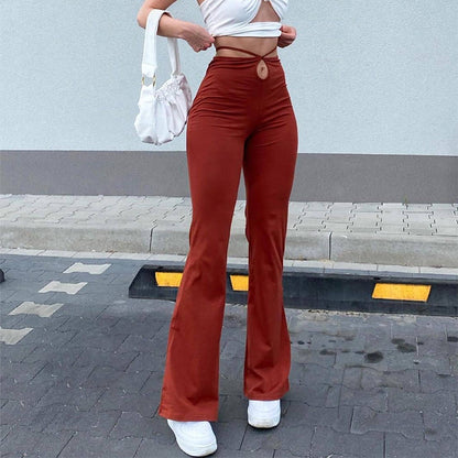 Women's Casual Sexy High-waist Elastic Lace-up Solid Color Trousers | Nowena