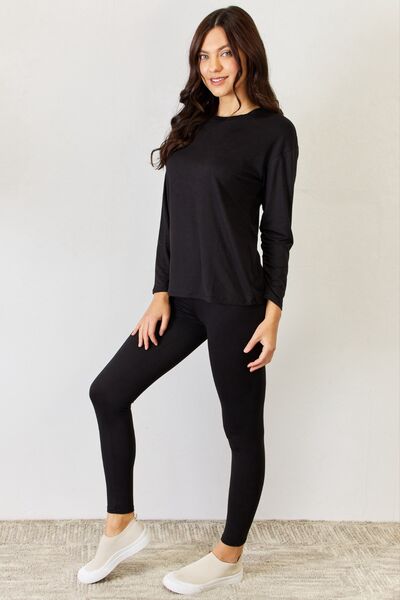 Round Neck Long Sleeve T-Shirt and Leggings Set-Black | Nowena