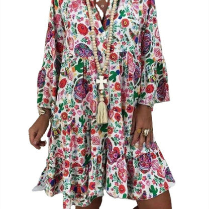 Small Women's Floral V-neck Flare Sleeve Dress