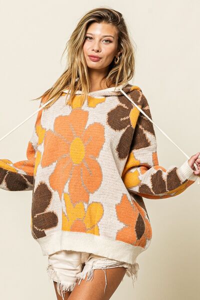Flower Pattern Drawstring Hooded Sweater- Rust Combo | Nowena
