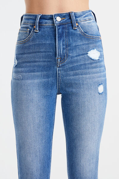 Plusl Size High Waist Distressed Raw Hew Skinny Jeans - Medium Blue | Nowena
