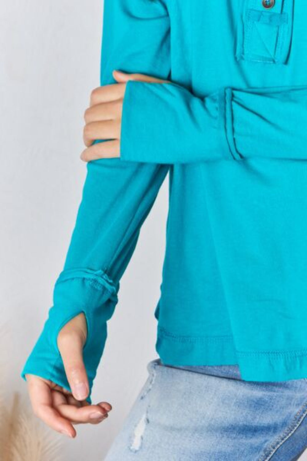 Exposed Seam Thumbhole Long Sleeve Sweater-Light Teal | Nowena
