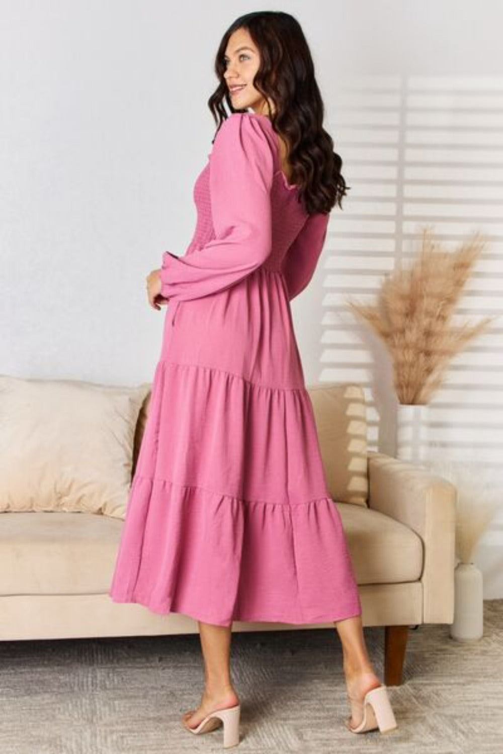 Women Plus Size Ruffle Trim Smocked Tiered Dress-Medium Rose | Nowena