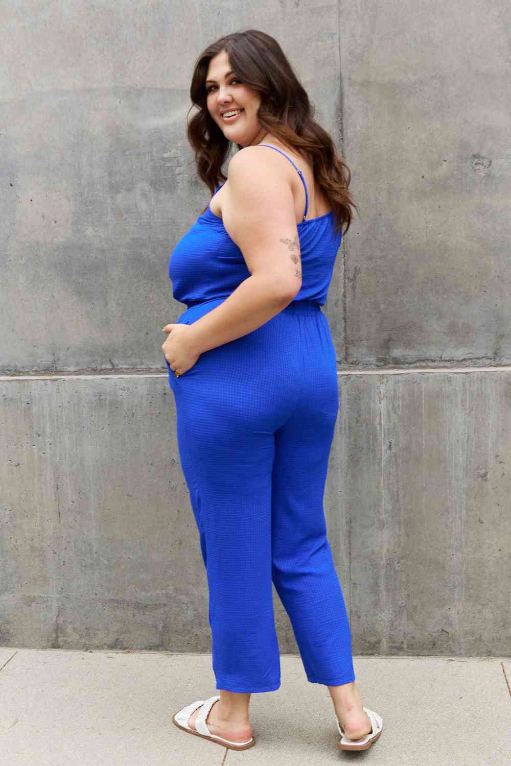Plus Size Textured Woven Jumpsuit - Royal Blue | Nowena