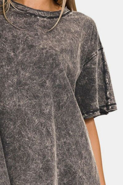Womens Oversized T Shirts Vintage Cotton Round Neck Dropped Shoulder Blouse - Ash Black | Nowena
