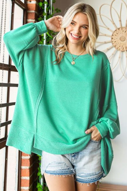 Exposed Seam Round Neck Dropped Shoulder Blouse-Mint | Nowena
