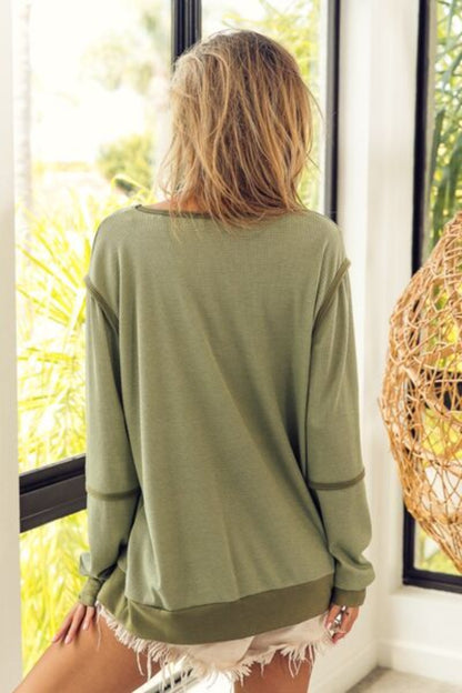 Women Waffle Knit Contrast Trim Long Sleeve T-Shirt-Olive | Nowena