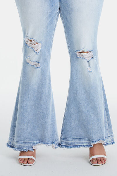 Plus Size Distressed Raw Hem High Waist Flare Jeans- Light Blue | Nowena