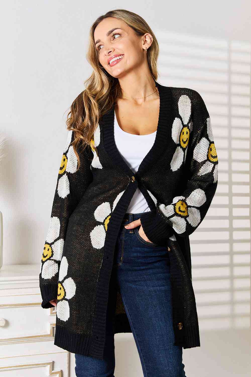 Long Sleeve Button Cardigan Knitwear Casual Loose Open Front Knit Sweater -Black | Nowena