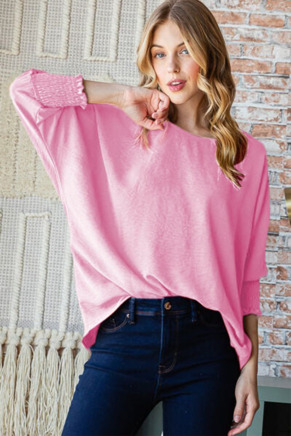 Round Neck Smocked Half Sleeve Top Blouse - Pink | Nowen