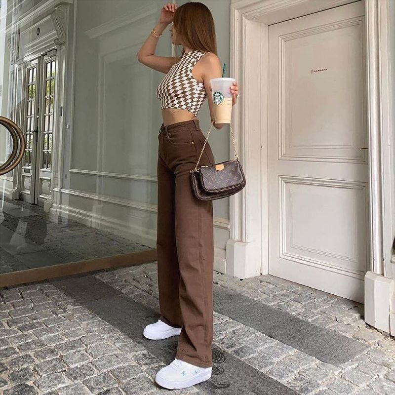 Women’s Casual Straight Brown Jeans Retro Solid Color Pants