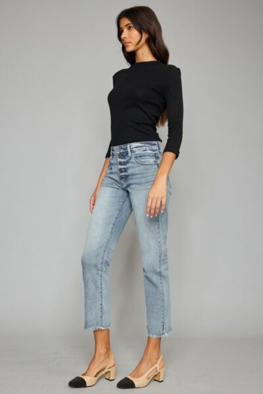 High Waist Button Fly Raw Hem Cropped Straight Jeans | Nowena