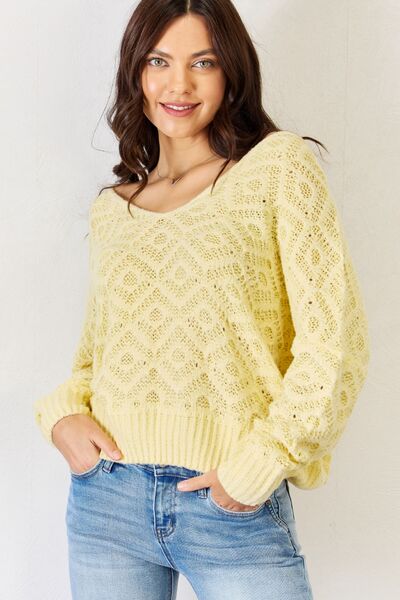 Women V-Neck Patterned Long Sleeve Sweater - Yellow | Nowena